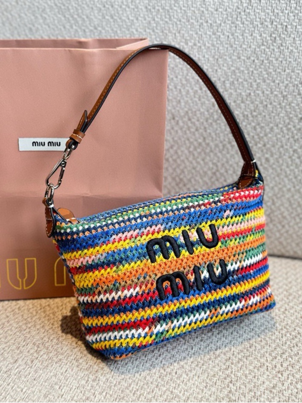 Miu Miu Multicolor Crochet Stripe Shoulder Bag with Leather Handle